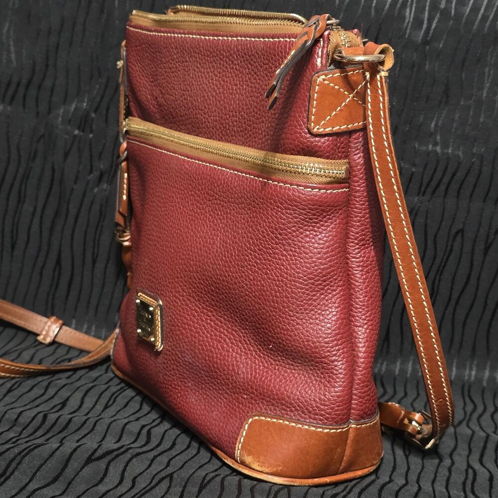 Dooney & Bourke Red Pebbled Leather Crossbody Bag Brown Trim Double Zip Purse